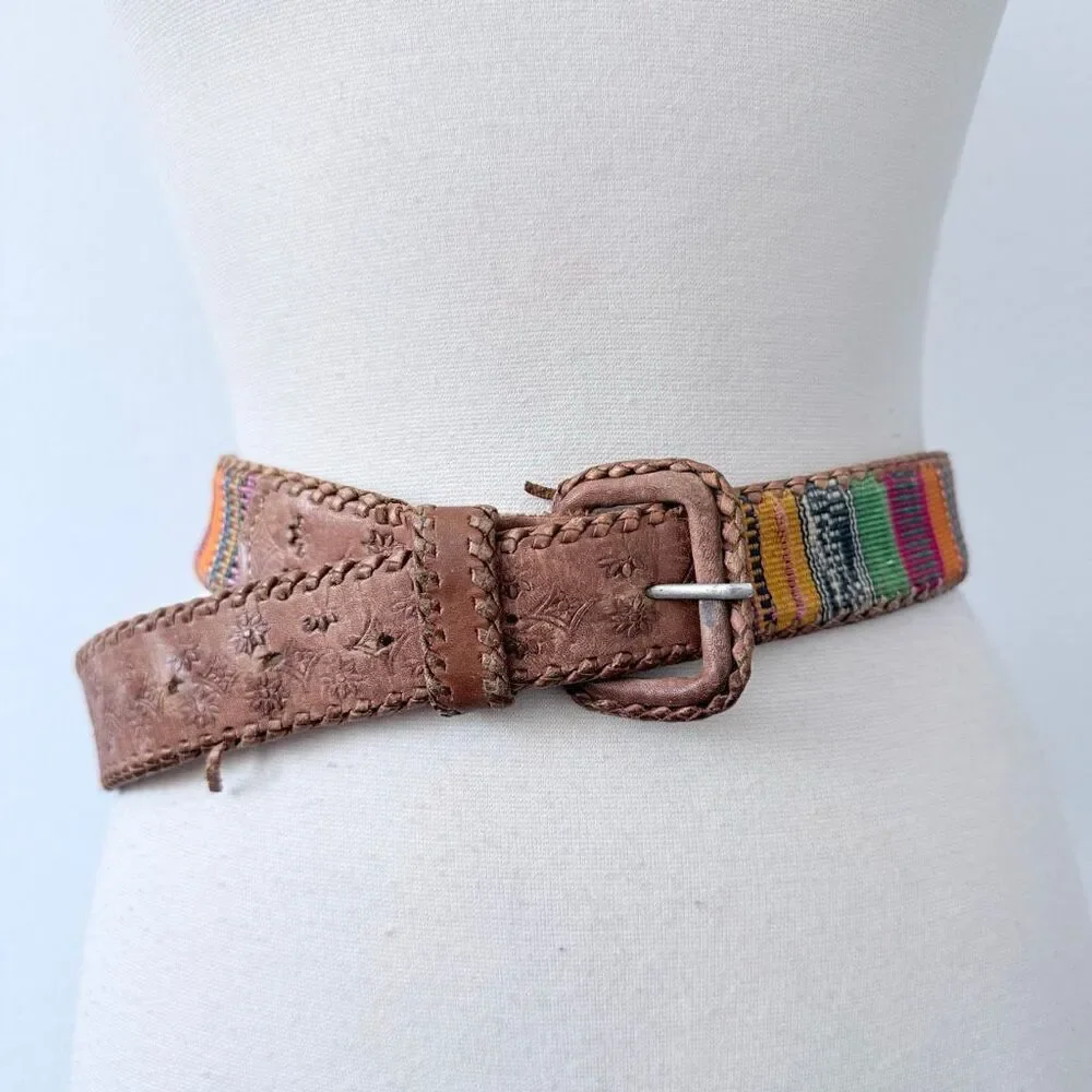 Vintage Whipstitch Brown Leather Stitched Belt Buckle Stripe Western XL